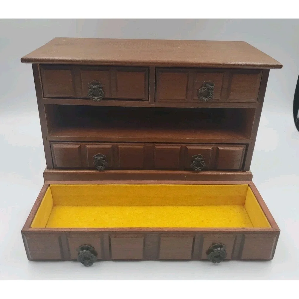 Vintage Wood 4 Drawer Gold Velvet Lined Jewelry Box
